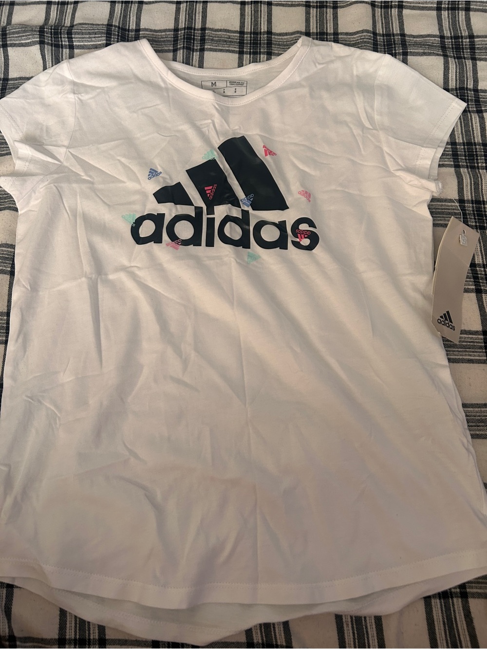 adidas White Tee with Black Logo and Pastel Accents